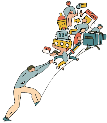 Illustration: leader pushing a rock covered with business priorities